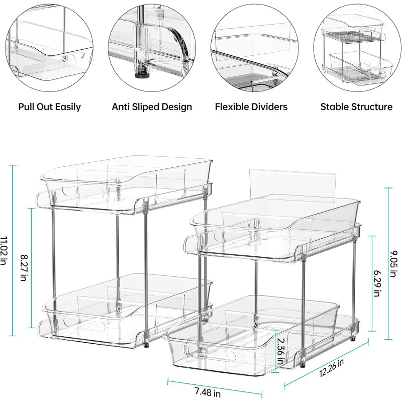 2 Sets of 2-Tier Clear Under Sink Organizers and Storage, Multi-Purpose Stackable Bathroom Cabinet organizers