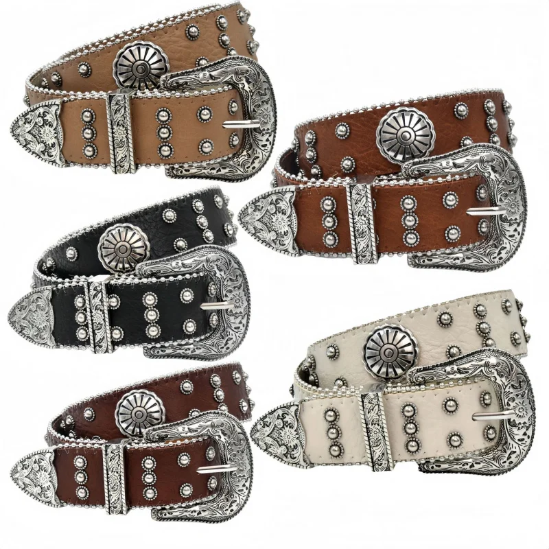 

Western Cowboy Punk Beads Rivet Flower Pin Buckle Women Belt Y2K Jeans Causal Pants Belt for Ladies