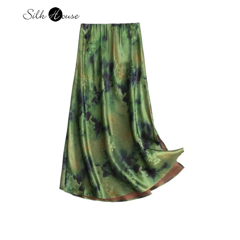 21MM 100% Natural Mulberry Silk Jacquard Satin Green Diagonal Cut Women's Casual Bag Buttocks Fish Tail Skirt