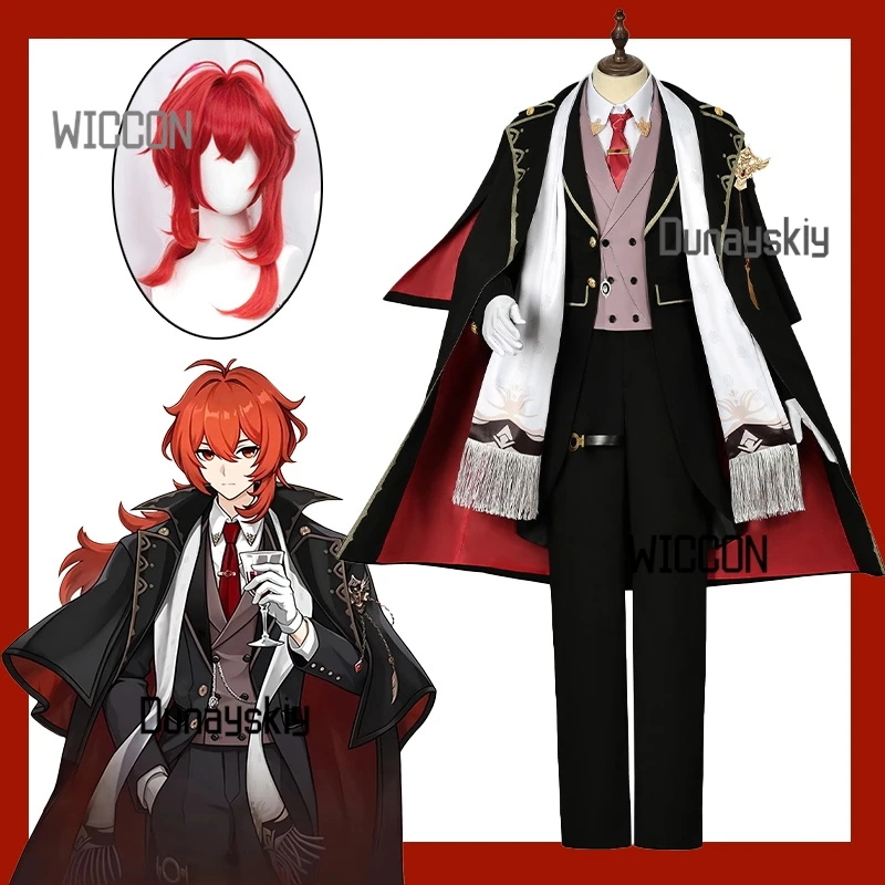 

Genshin Impact Diluc Cosplay Costume Midnight Banquet Full Set Wig Anime Game Character Outfit Men Halloween/Convention/Roleplay