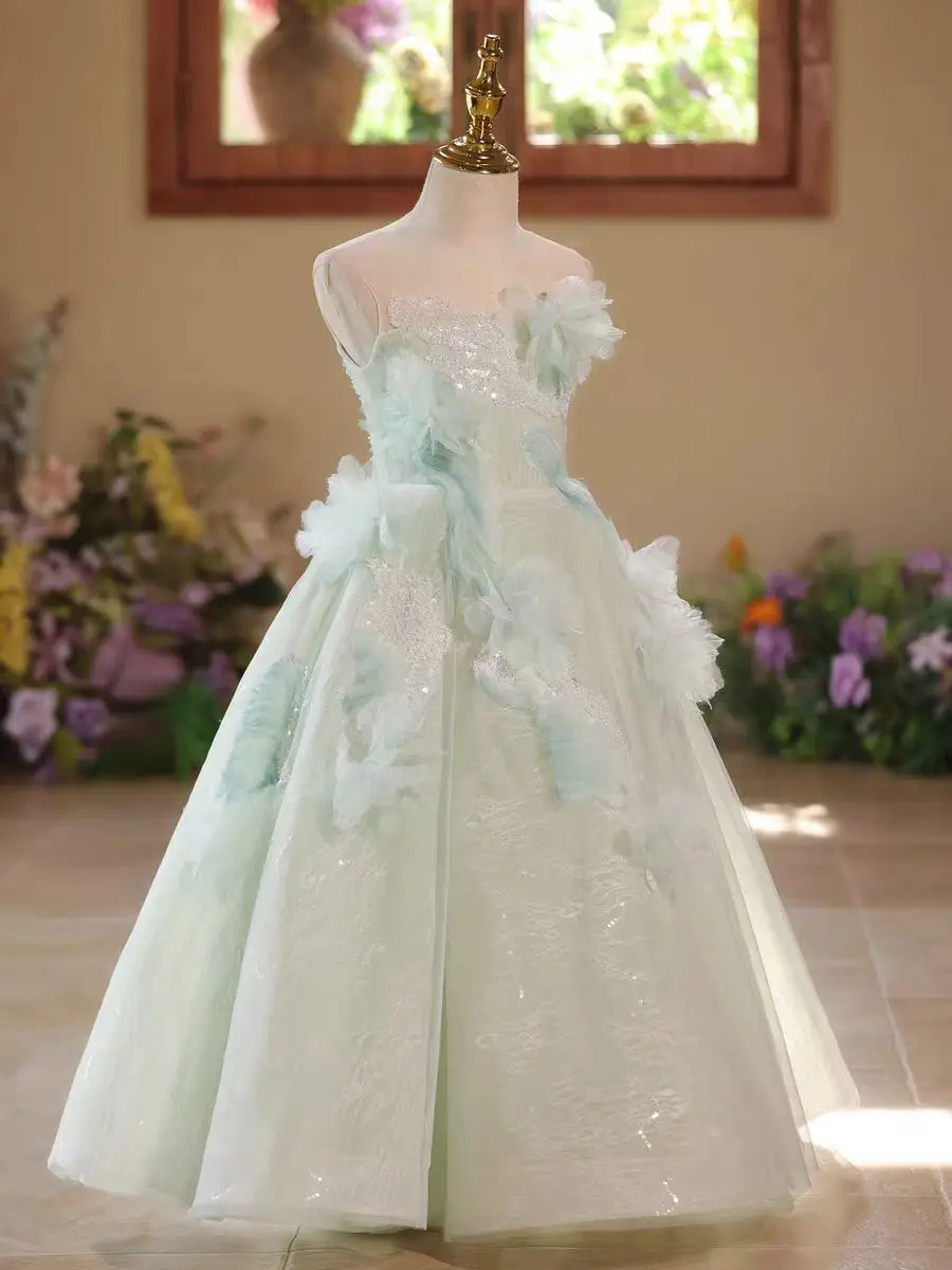 Dreamy Vow D009 Ragazza di fiore verde salvia Elegante principessa Fiori in rilievo Festa lunga Matrimonio Compleanno Spettacolo Serata Abiti per bambini