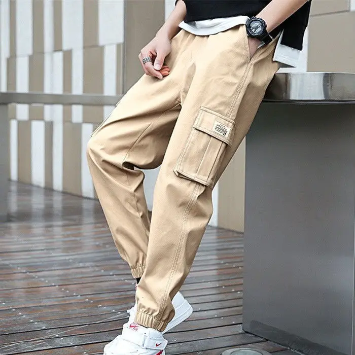 2023 New Men's Clothing Trousers Cargo Elastic Mid Waist Thick Autumn Winter Fashion Casual Solid Color All-match Pockets Pants