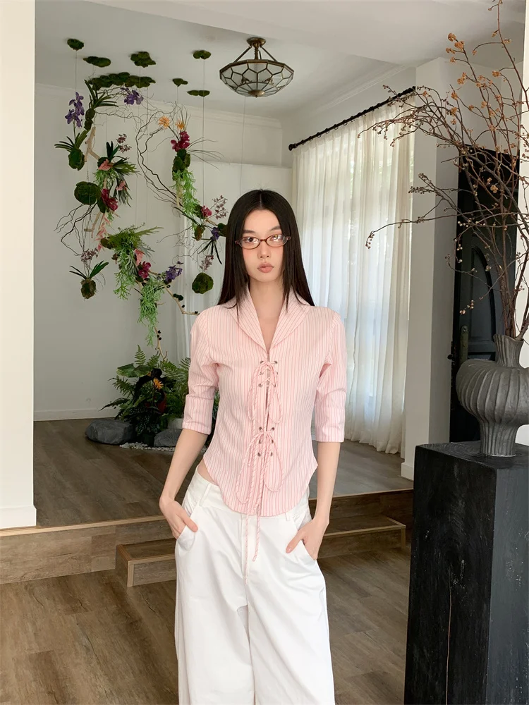 CHEERART Bandage Pink Striped Shirts Women 2024 Summer Tops Half Sleeve Collar Shirt Blouses Office Wear Korean Fashion Clothes