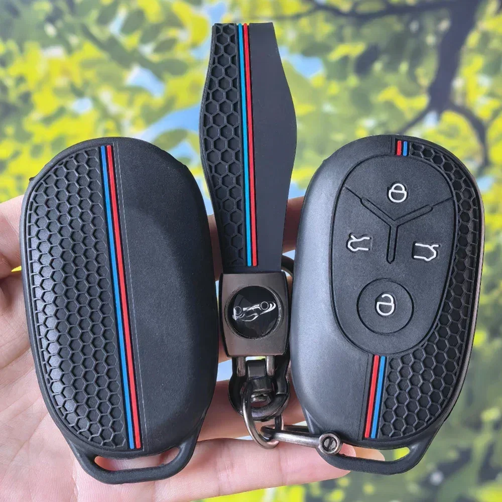 Tri‑Color Stripe Silicone Key Shell With Keychain For Geely GEOME Galaxy Light Star Wishes 2025 Exploration Youth