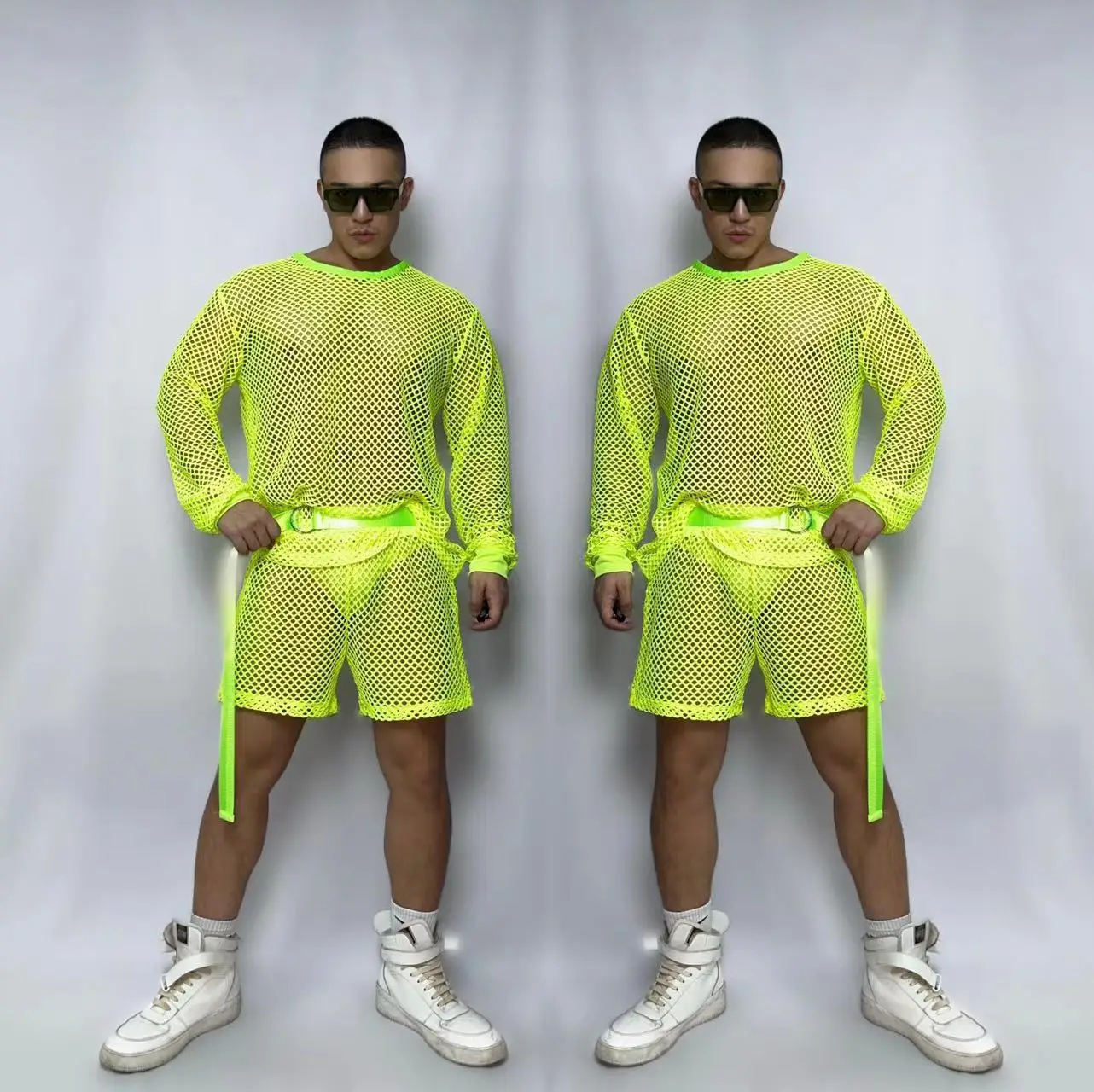 Jazz Hip Hop Dance Costume For Male Dancer Fluorescent Green White Hollow Out Outfits Bar Nightclub DJ Gogo Performance Clothing