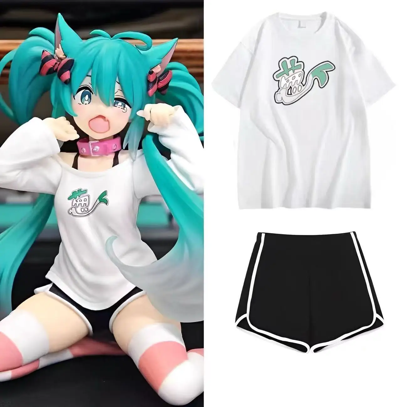 

Cosplay miku Green Onion Girl 2D Catgirl Long-Sleeve Top Shorts Cosplay Costume Peripheral Pain Shirt