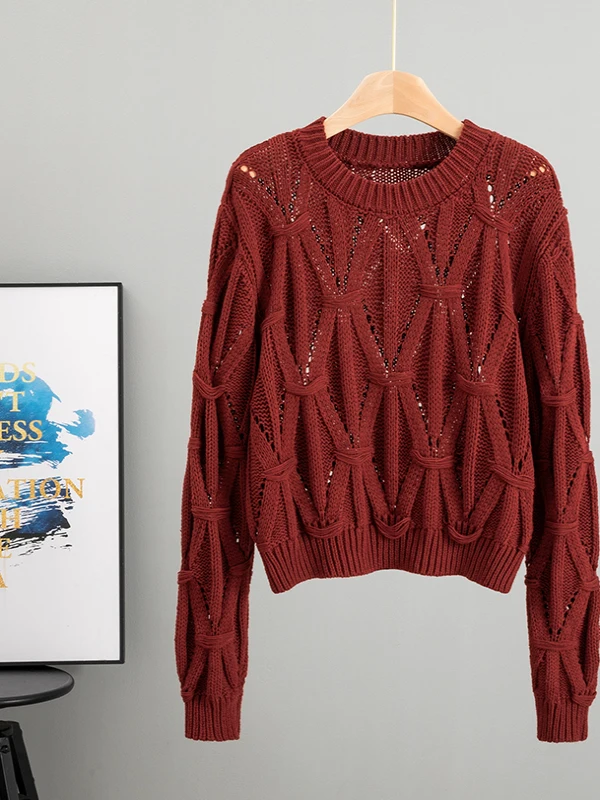 Damski sweter z dzianiny, nowość na jesień 2025, okrągły dekolt, długi rękaw, casualowy, dopasowany krój, ażurowy wzór, styl do pracy.