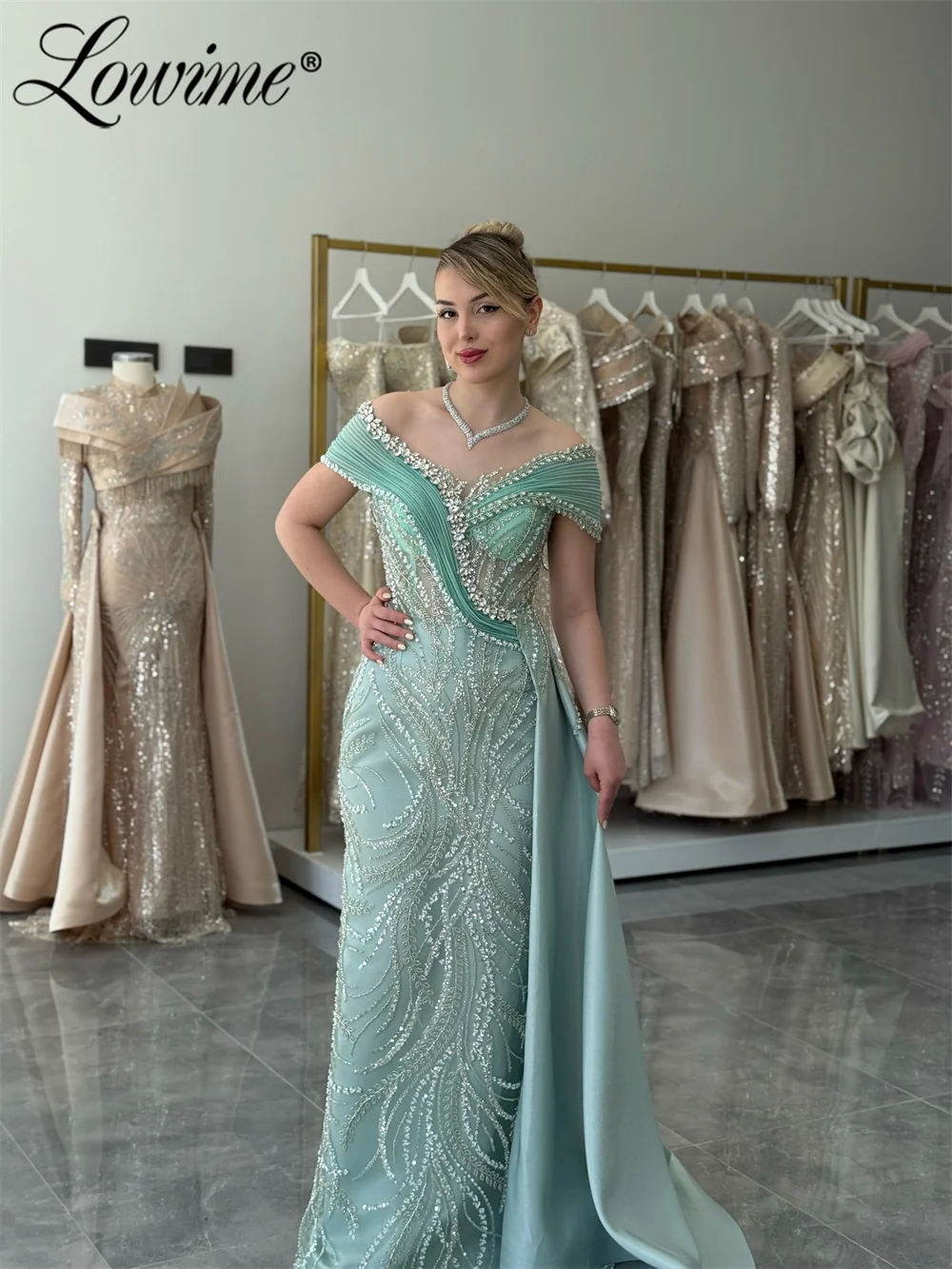 

Customized Arabic Turquoise Off Shoulder Beaded Mermaid Slit Overskirt Evening Dress 2026 Women Party Gown Long Prom Dresses