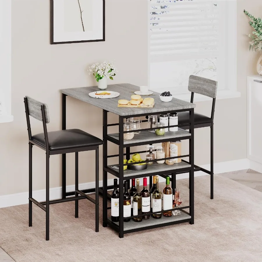 3-Piece Bar Table Set with Storage Shelves for Small Spaces, Kitchen, Apartment: Grey MDF Table 2 PU Stools, Space-Saving Desig