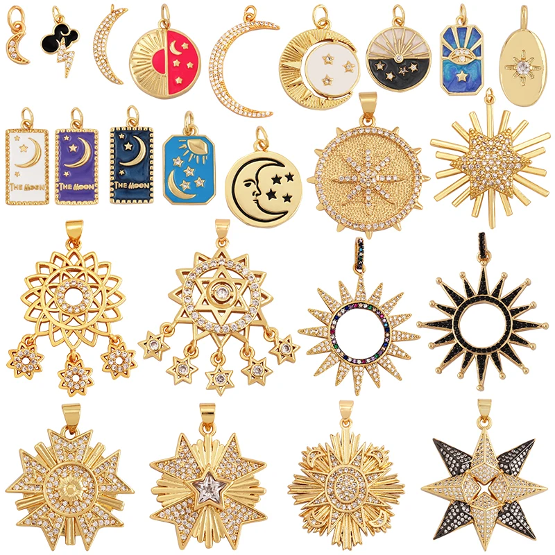 New Trendy Shining Sun Moon Star 18K Gold Plated Charm Pendant,Inlaid Cubic Zirconia Jewelry Necklace Bracelet Making Supply M57