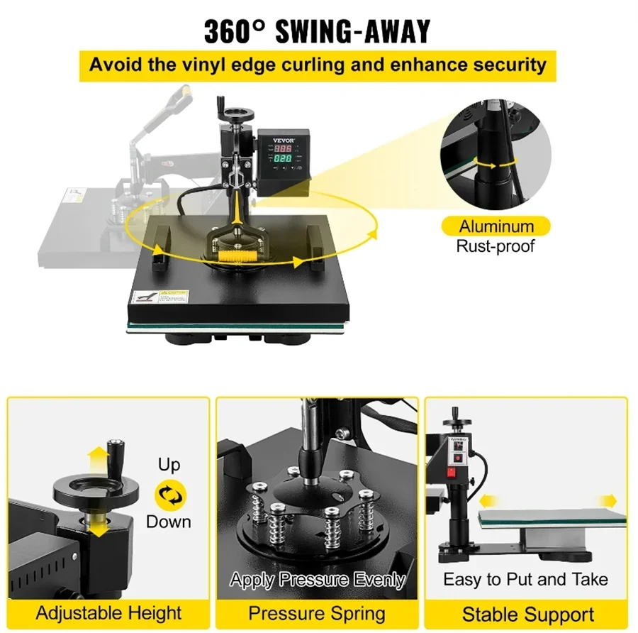 Máquina multifuncional de prensa térmica, impressora digital de sublimação oscilante de 360 graus, camiseta diy, boné, 2 em 1, 38x38cm