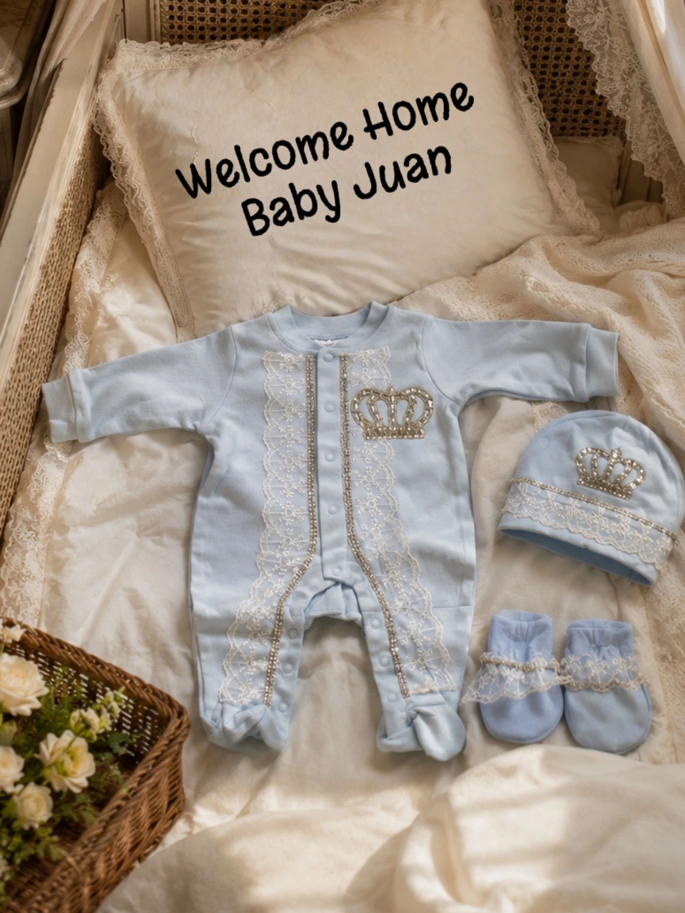 premium-silver-crown-lace-trim-baby-5pcs-set-soft-skin-friendly-light-blue-newborn-footed-jumpsuit-gift-box
