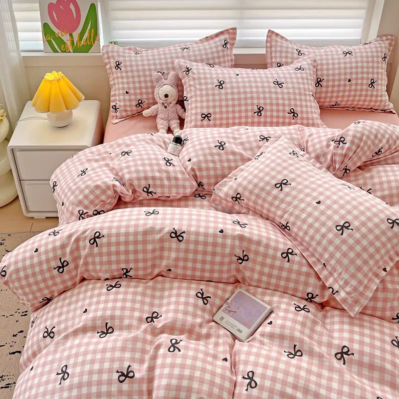 Zielony skandynawski zestaw pościeli Ins Plaid Girls Boys Double Queen Size Duvet Cover Flat Sheet Pillowcase New No Filler Bed Linens