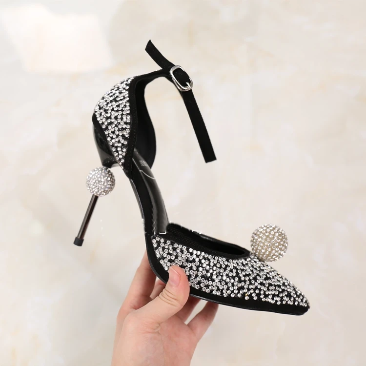 

Shiny Rhinestone Embellished Pointed Toe Crystal Ball Pumps Cover Heels Ankle Straps Buckle Bling Bling Women's Pumps Party