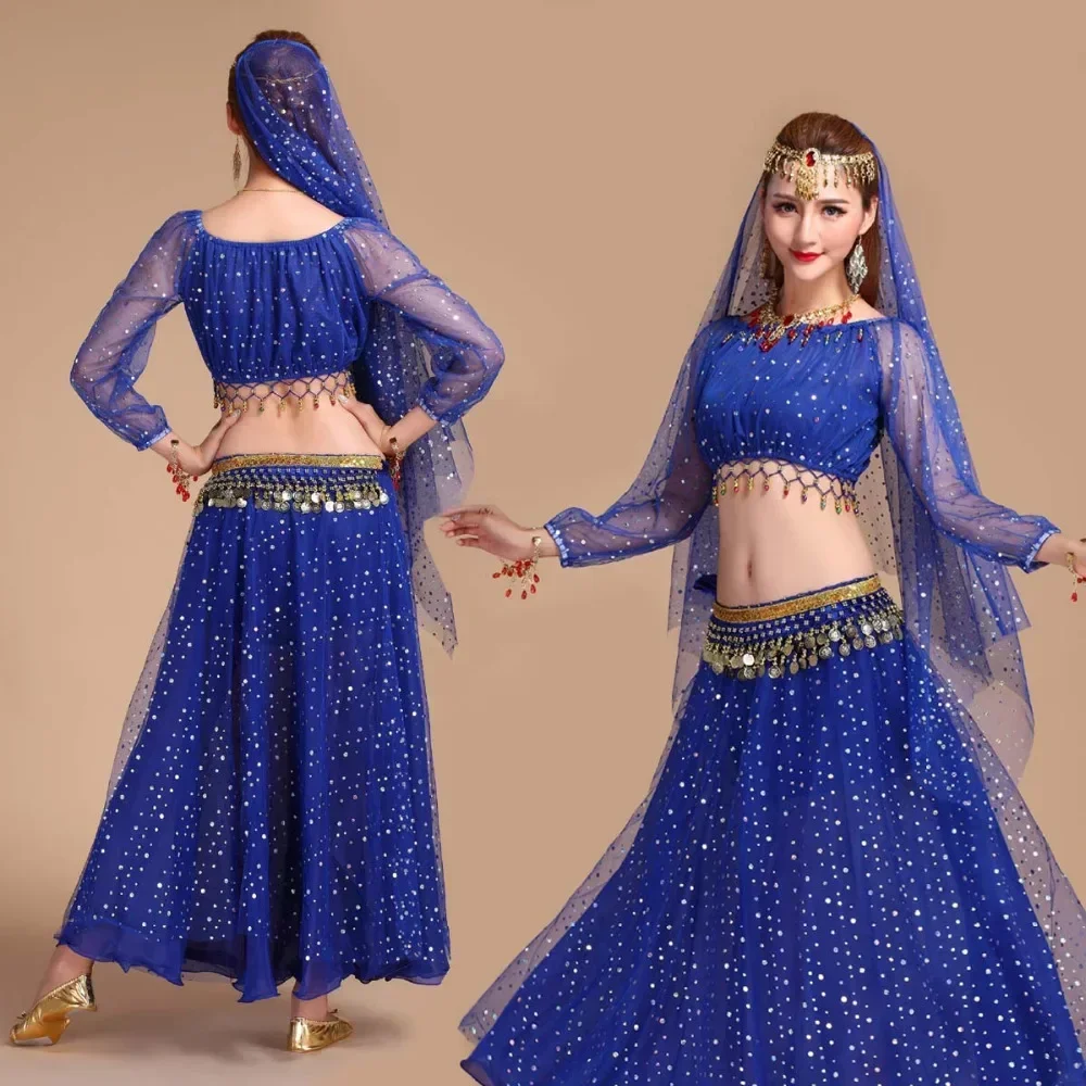 Conjuntos de trajes de dança indiana de luxo, vestido de performance de palco, conjunto de traje de dança do ventre oriental para mulheres, trajes de dança oriental