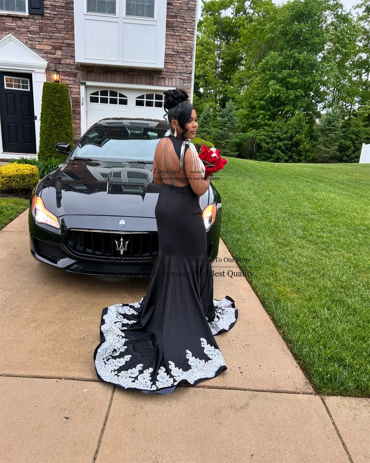 Błyszczące koralikowe kryształy Mermaid Prom Dress With Appliques Lace Evening Party Gowns Black Girls Court Train robes de soirée