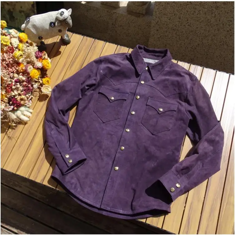 YR!Free shipping.Men Soft thin Italy goatskin shirt.0.5mm real suede leather shirts.slim fit.purple leather jacket.Cool young