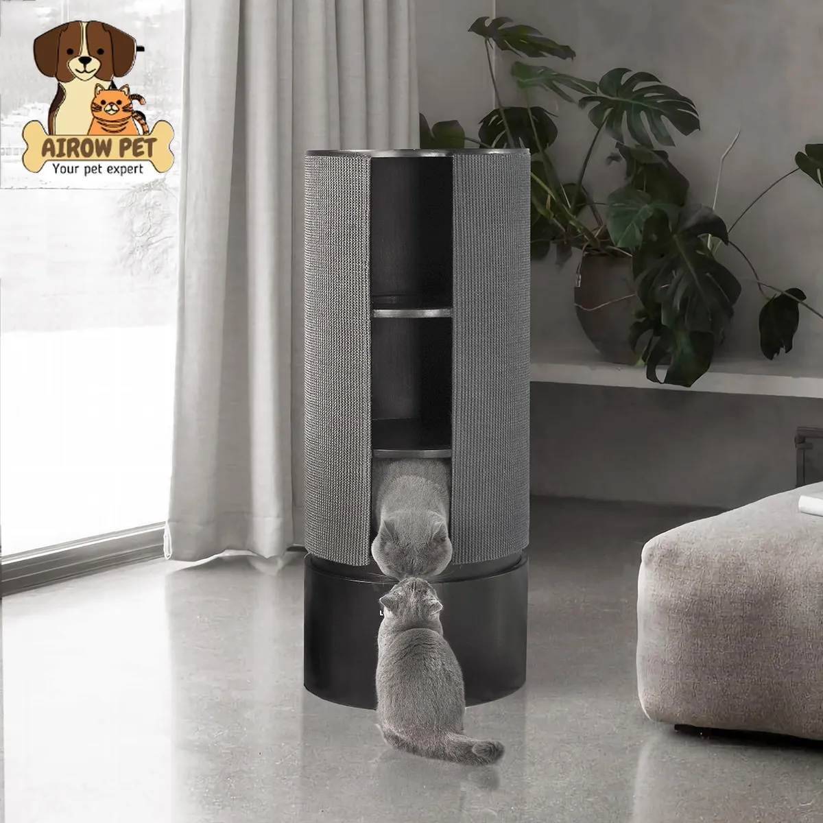 AIROW Solid Wood Sisal Barrel Cat Climbing Frame, Large Tree Hole Pet Nest Space Saving Universal Cat Activity Tower
