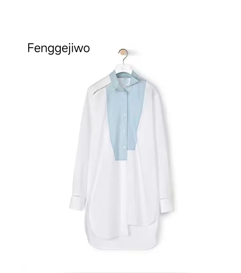 Fenggejiwo Spring/Summer Women's Shirt Skirt Spliced Cotton and Hemp Fabric Asymmetric Collar Small Pointed Neck Shirt Dress