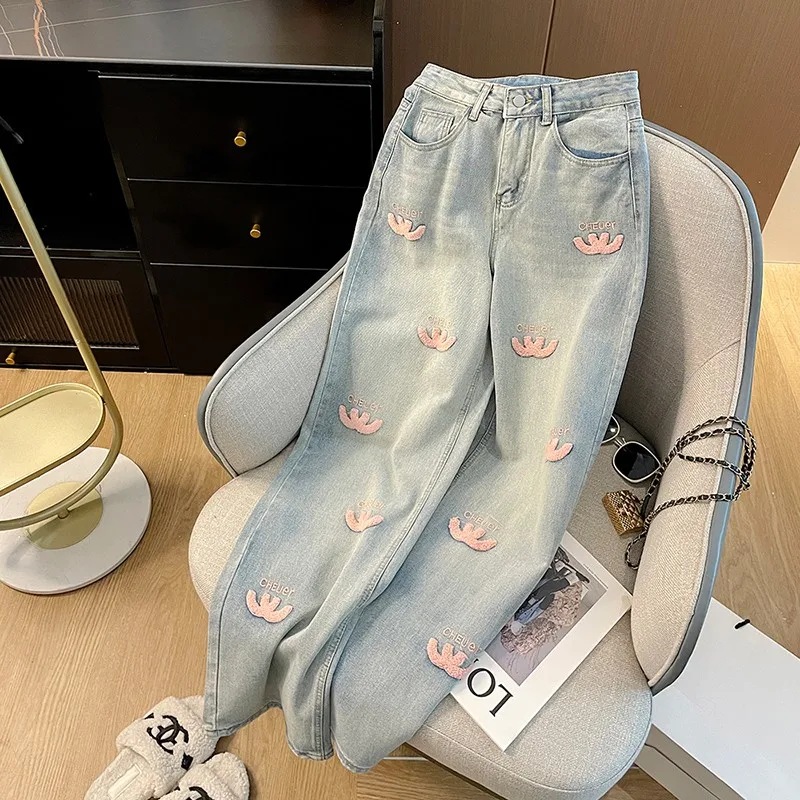 

2024 New Arrival Spring Korea Fashion Women Elastic Waist Loose Jeans Pink letter embroidery Cotton Denim Wide Leg Pants P563