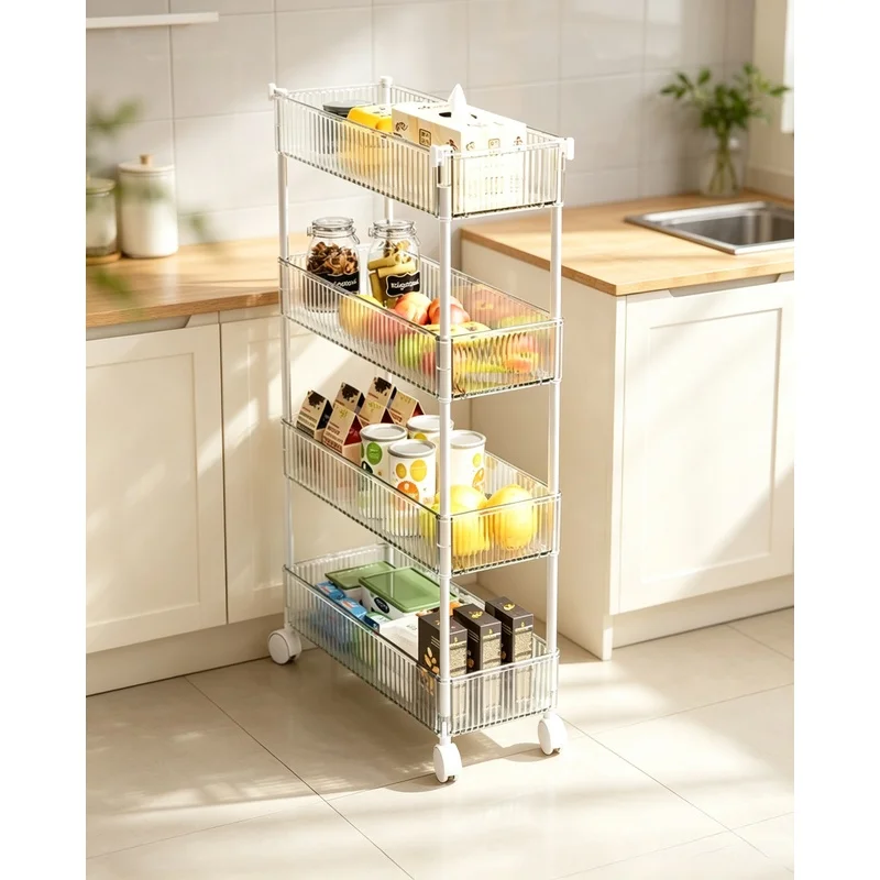 Narrow Gap Acrylic Mobile Storage Cart, Multi‑Tier Wheeled Organizer for Kitchen Bathroom Small Space Tidying