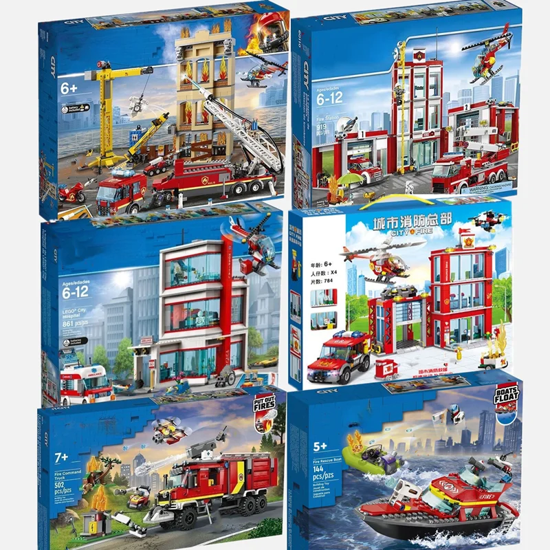 مجموعات متوافقة مع سلم إطفاء من سلسلة المدينة شاحنة هليكوبتر مرآب محطة إطفاء لعبة مكعبات نموذج إبداعي هدايا للأطفال 60110