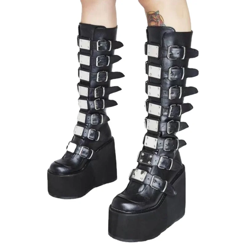 Womem Shoes 2022 Plus Size 43 Luxury Design Platform Thick Heel Women Punk Cool Gothic Black Buckle Shoes Woman High Boots