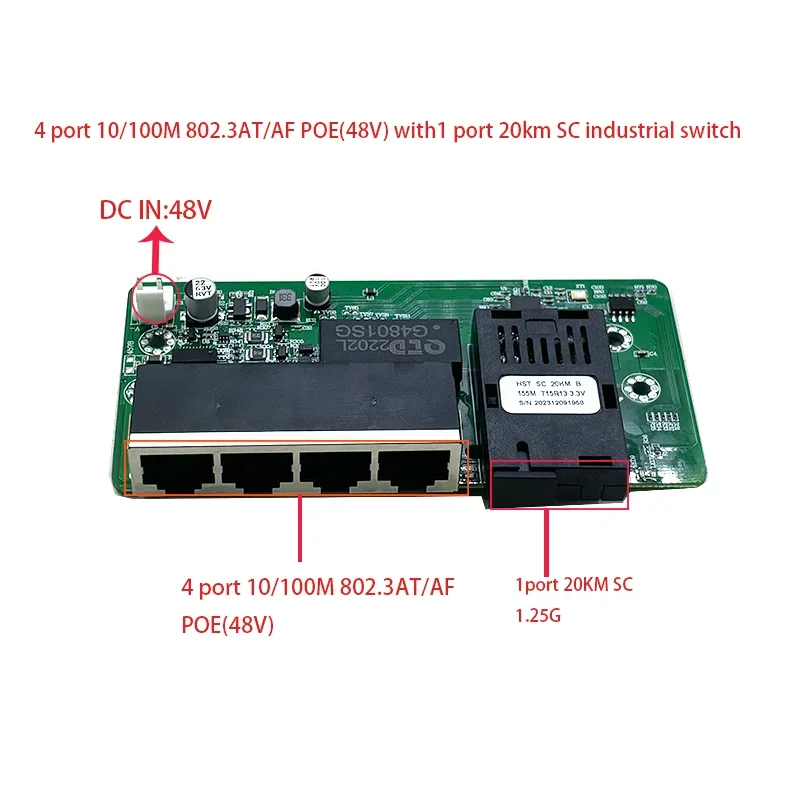 光ファイバメディアコンバータ,4ポート,802.3at,af,48v,poe10,100m, 1ポート,20km, 1.25,1310a,1550b sc