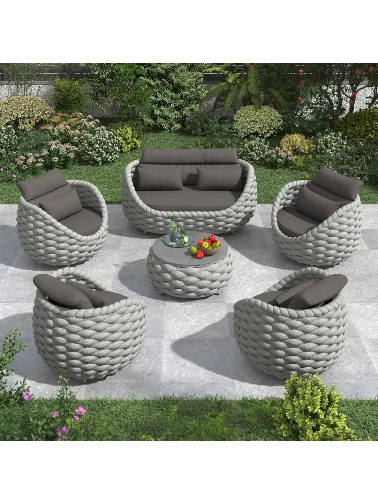 Tuinstoelenset van geweven touw, aluminium tuinmeubilair, 2-delige set met kussens, fauteuil en tafel, geschikt voor balkon, tuin, veranda, zwembadterras - afbeelding 2