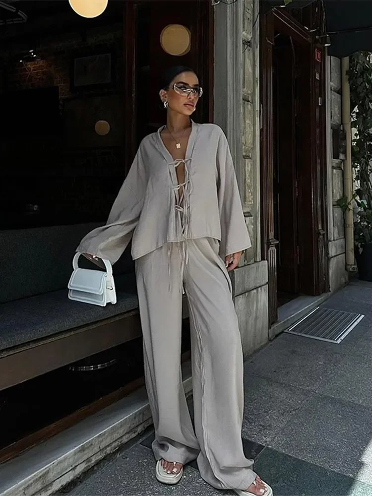 Summer Chic Solid Lace Up Shirt Pants Suits Elegant Women V Neck Long Sleeves Tops Wide Leg Pants Set Casual Lady Street Outfits