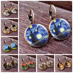 Fashion Bronze Color Simple Style Earings Van Gogh Famous Artist Starry Night Stud Earrings Glass Cabochon Jewelry Women Gifts