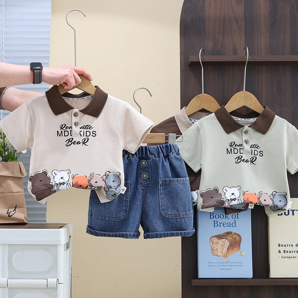 

Boys Summer Outfit New Short Sleeved T shirt Polo Shirt Jeans Korean Version Children Suit 2025 New Children Clothing Girls Suit