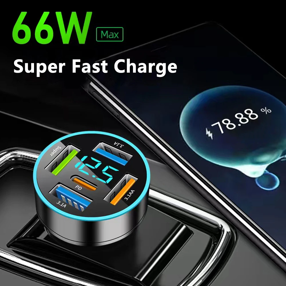 66W 5 Ports USB Car Charger with Voltmeter Display Car Phone Charger Adapter PD QC 3.0/3.1A Fast Charging 12/24V for Smart Phone