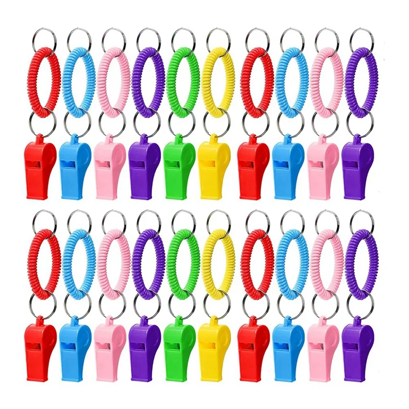 Bulk Pack Of 30 Plastic Sport Whistles With Stretchable Wrist Bracelets, Keychain Rings For Referees, Coaches