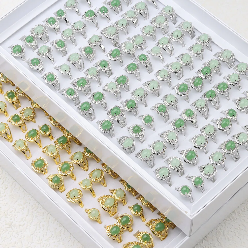 25 قطعة/الوحدة مختلط تقليد الطبيعية الخضراء افينتورين حجر خواتم للنساء مجوهرات الأزياء