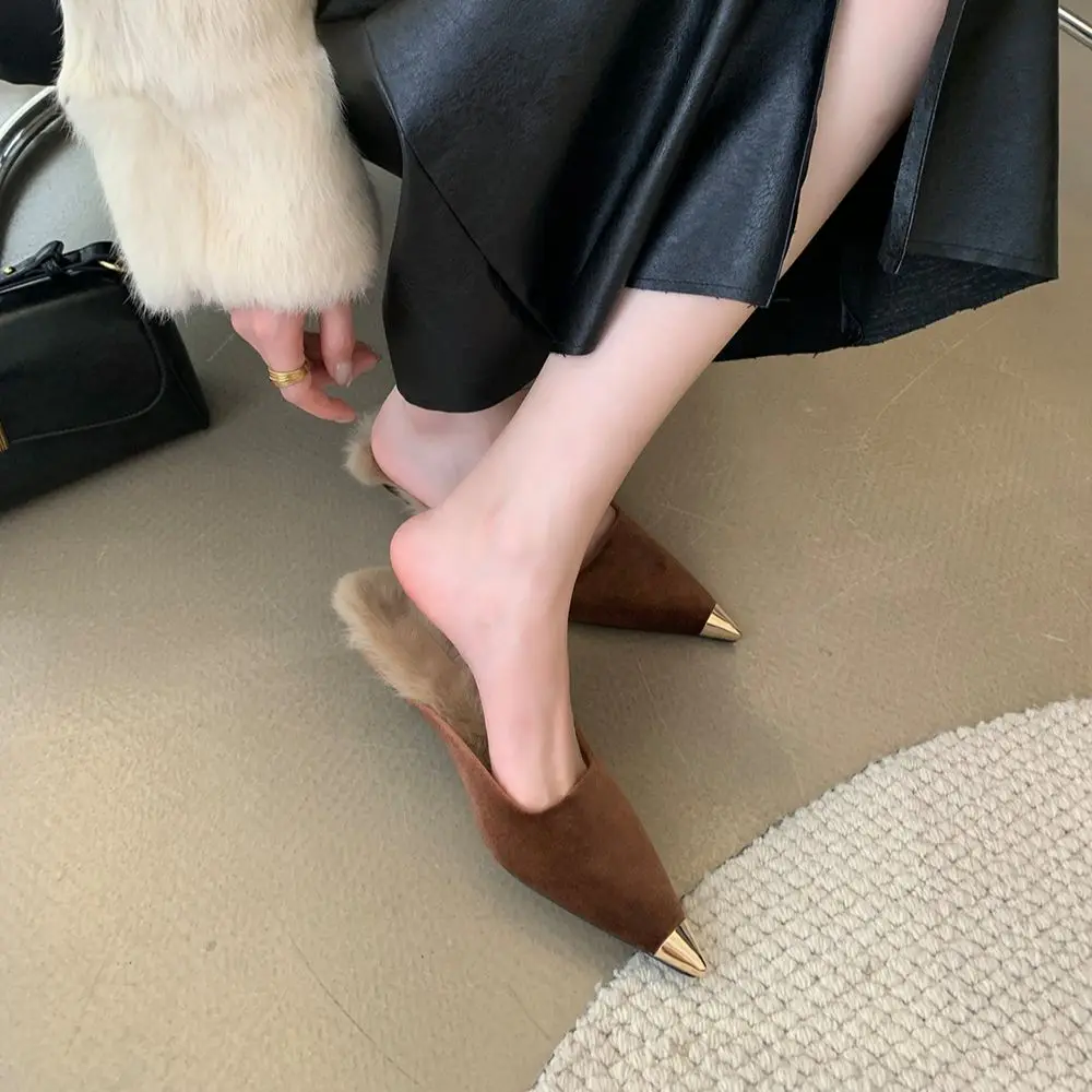 Flock Women Slides Slippers Pointed Toe Outside Slides Thin Low Heels Beige Brown Black 2023 New Arrivals Casual Dress Sheos 39