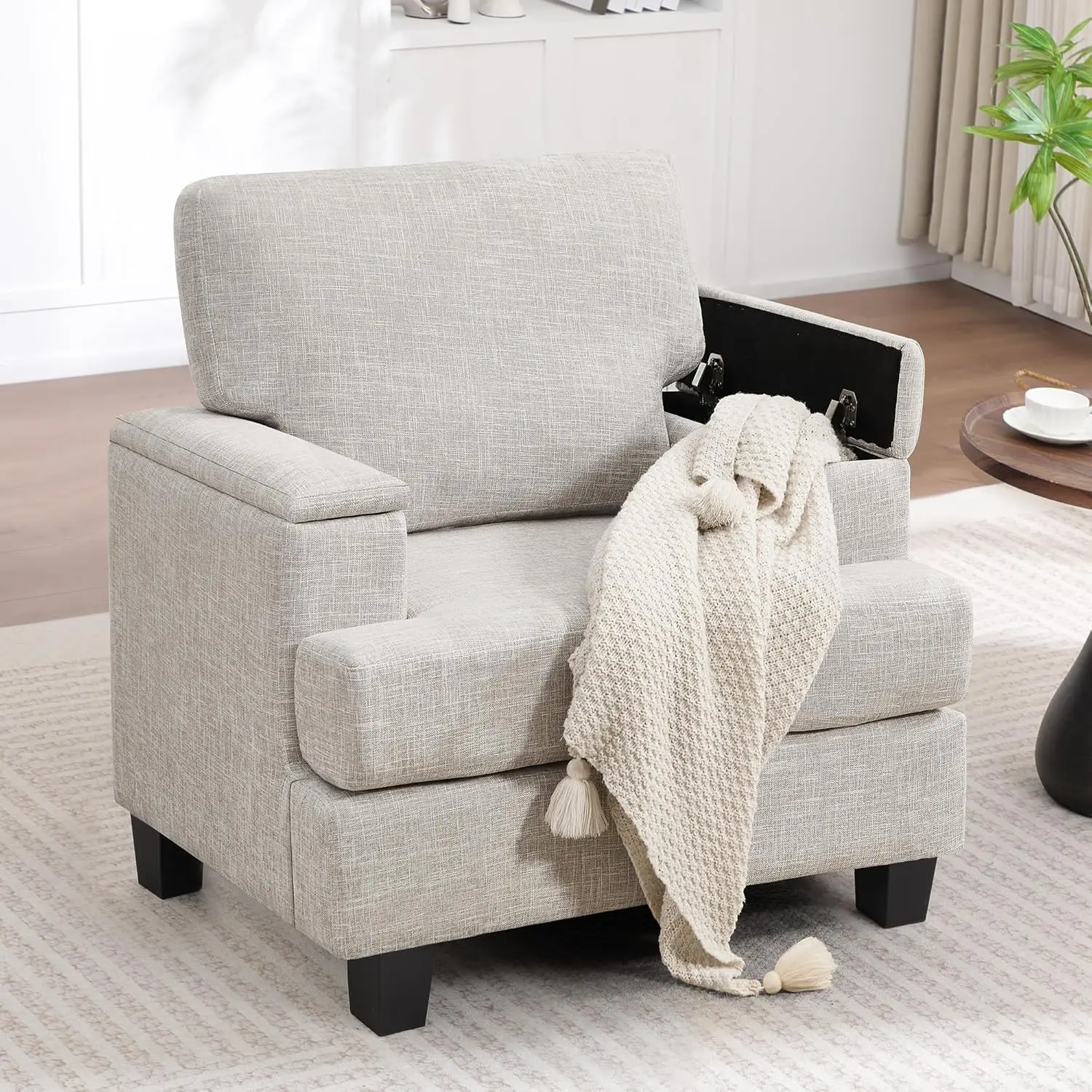 

Accent Chair with Armrest Storage, Modern Upholstered Reading Living Room Chairs, Comfy Large Armchair, Fabric Single