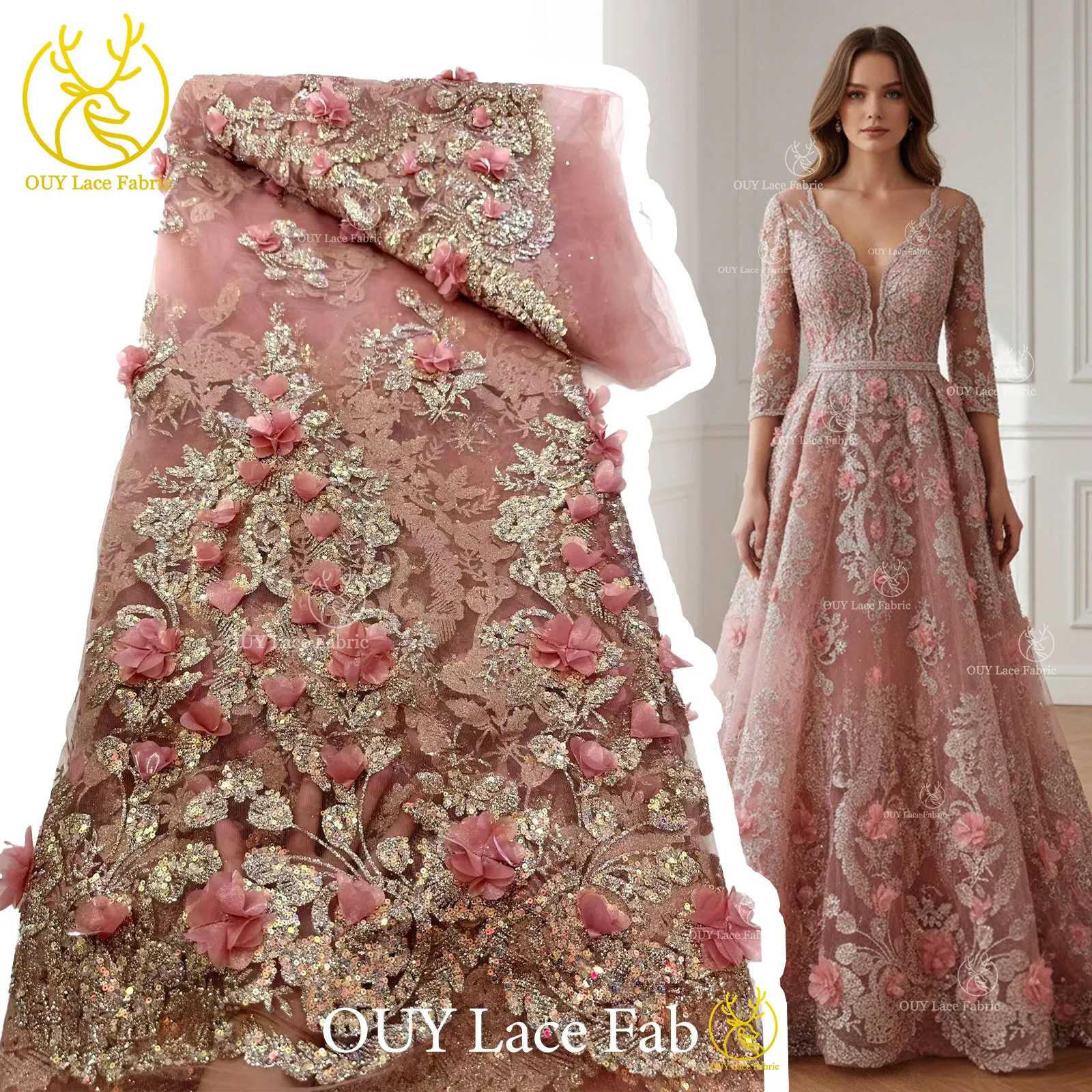 

New Style African 3D Applique Lace Fabric 2026 Nigerian Glitter Sequins Lace Fabric For Prom Wedding Dress Sewing 5 Yards