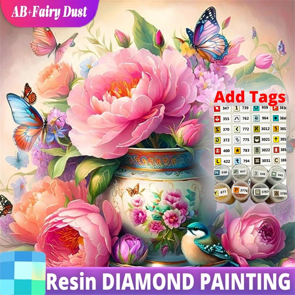 

Смола AB Фея Пыль 5D DIY Пион Алмазная Вышивка Цветочная Картина Стразы Бабочка Алмазная Мозаика Ваза Живопись Home De