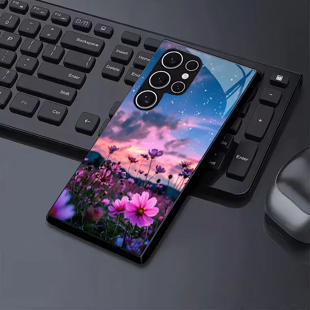 Pink Flower Sea Clouds Tempered Glass TPU Fashion phone case for Samsung Galaxy S26/S25/S24/S23/S22/S21 FE Ultra Plus Shockproof