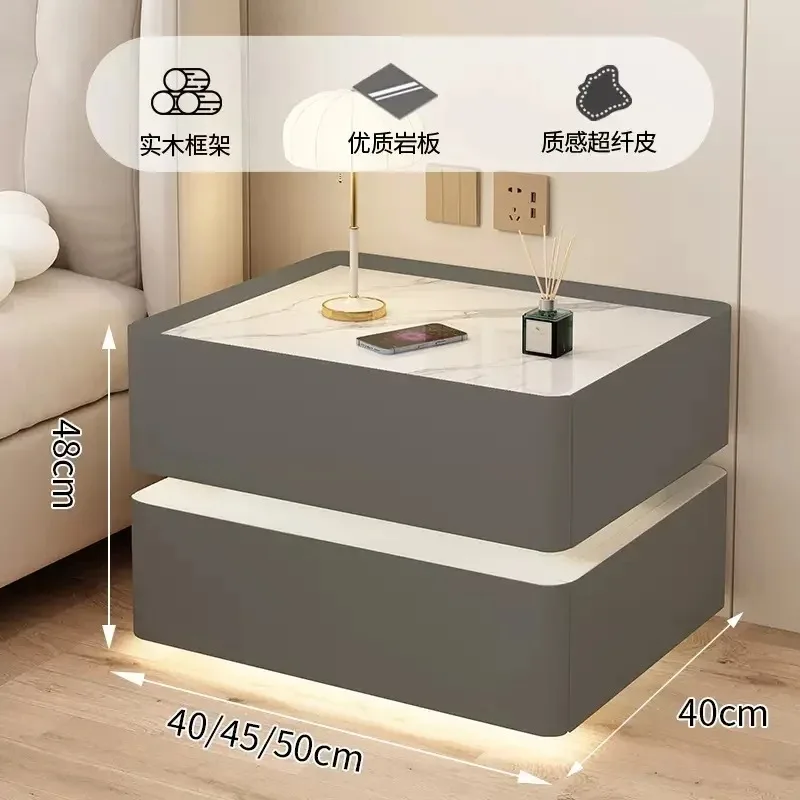 Modern Style Solid Wood Bedside Table with Wireless Charging Smart 2 Drawers Bedroom Nightstands with Lock