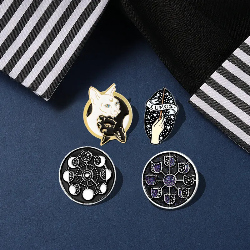 Mysterious Night Enamel Pin Witch Cat Moon Curse Badge Custom Brooches Lapel Pin Jeans Shirt Bag Magic Witchcraft Jewelry Gift