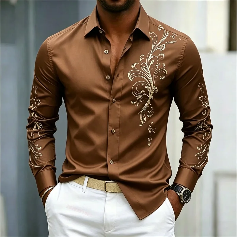 Men's Shirt Long Sleeve Spring Autumn Golden Swirl Floral Embroidery Print Lapel Button‑Up Street Business Top Mens Clothing