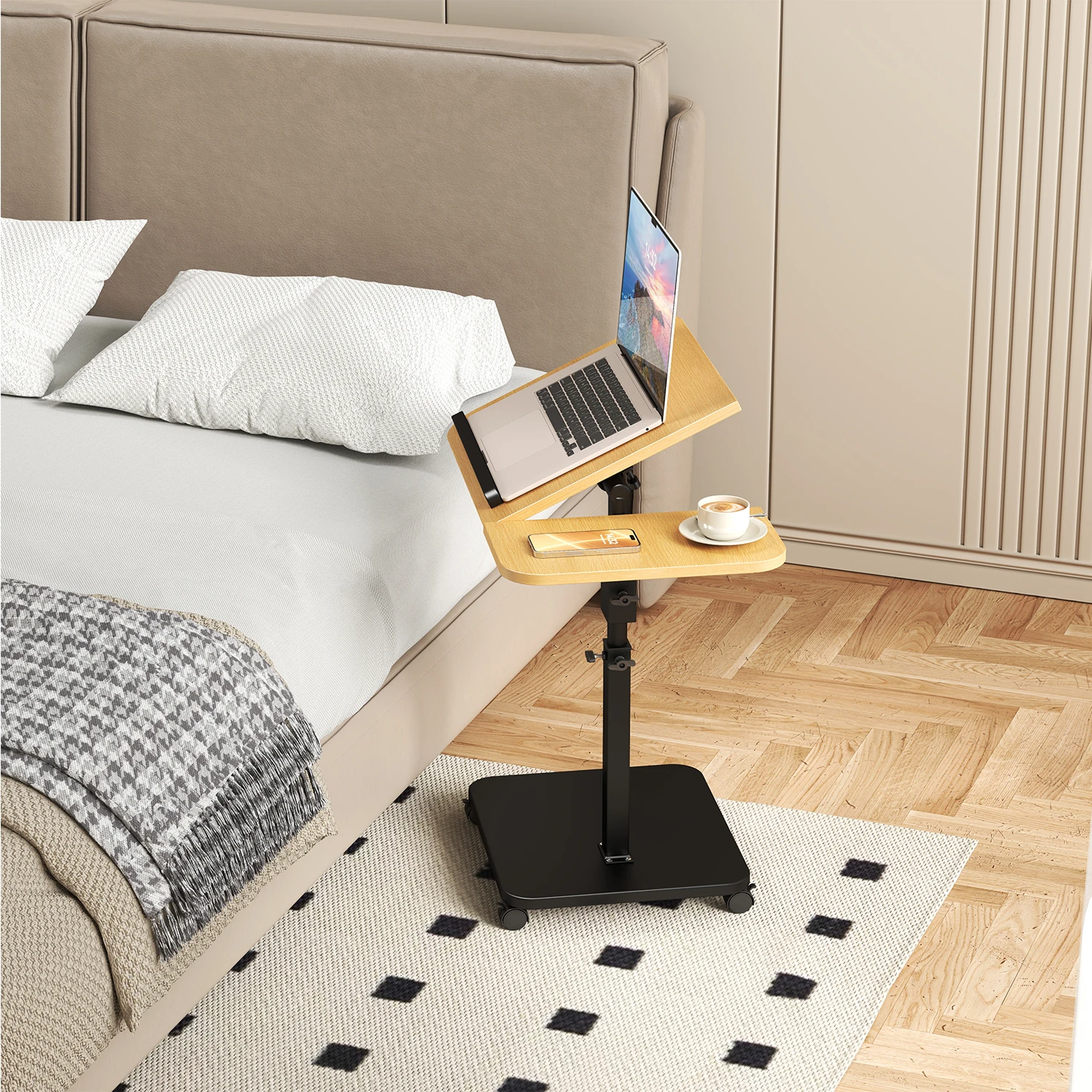 Adjustable Height c-Shaped End Table with Wheels, 180° Swivel Sofa Side Table Slides Under Couch, Mobile TV Tray for Living Room