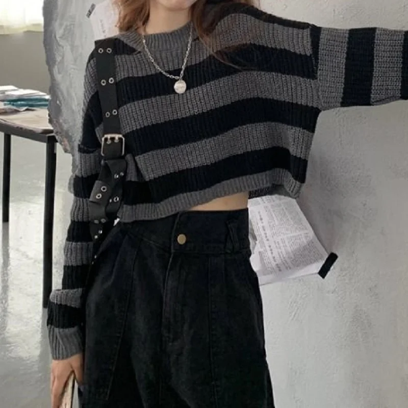 Deeptown Korean Style Striped Cropped Sweater Women Vintage Oversize Knit Jumper Female Autumn Long Sleeve O-neck Pullovers Tops