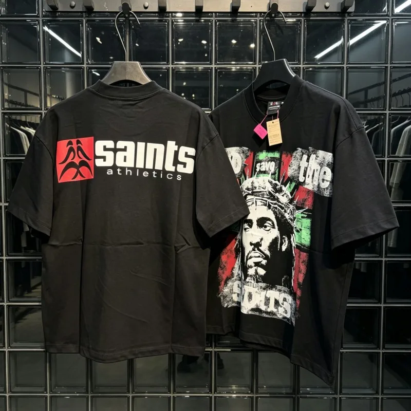 Y2K Vintage Graffiti Faded Worn Saint Tshirts Thorns Crown Digital Print Pattern Hip Hop Streetwear Men Women Short Sleeve Tops