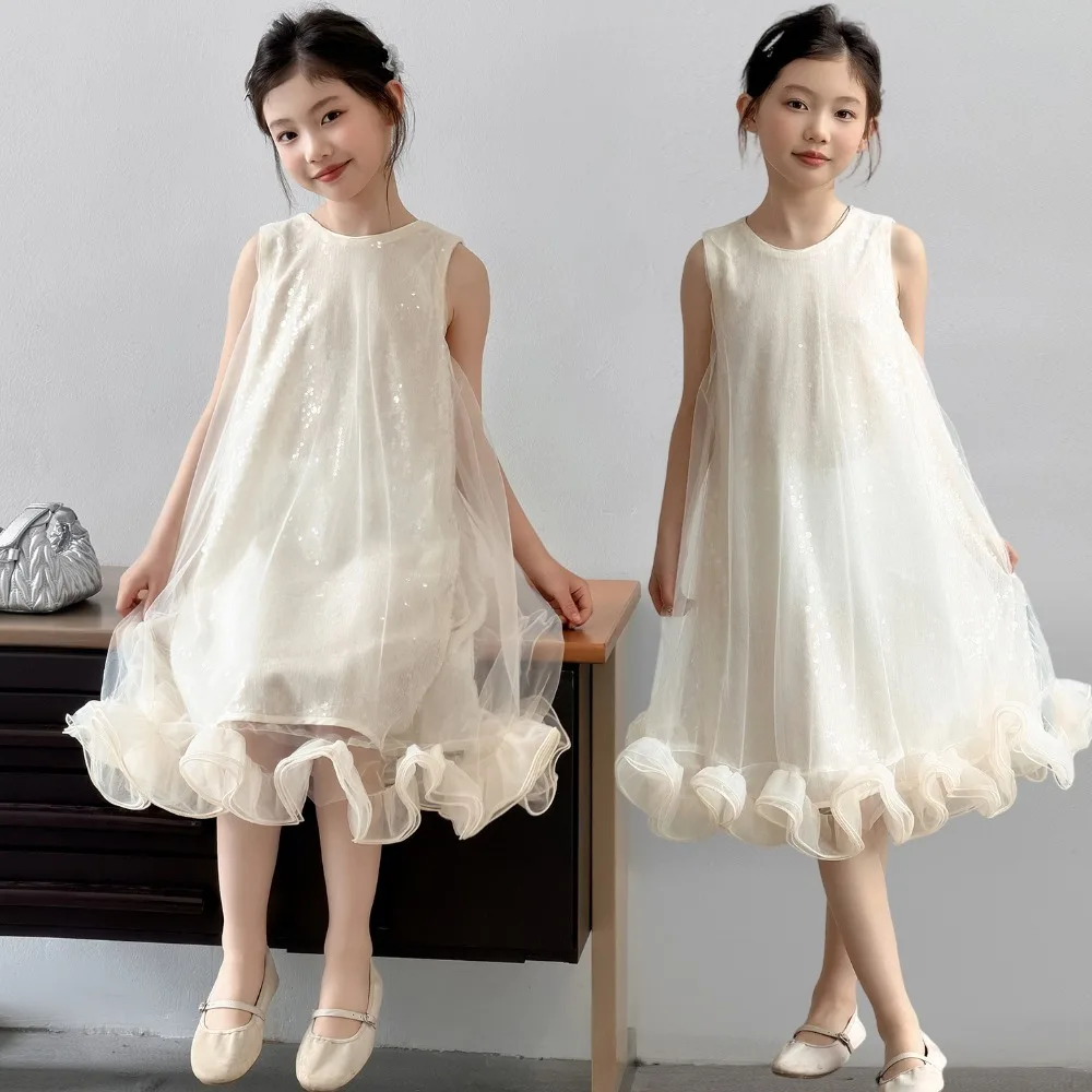 

2026 Summer Girls Long Sleeveless Princess Dress, Luxury Tulle Tutu Gown, Kids Birthday Party Formal Dress for120-170cm