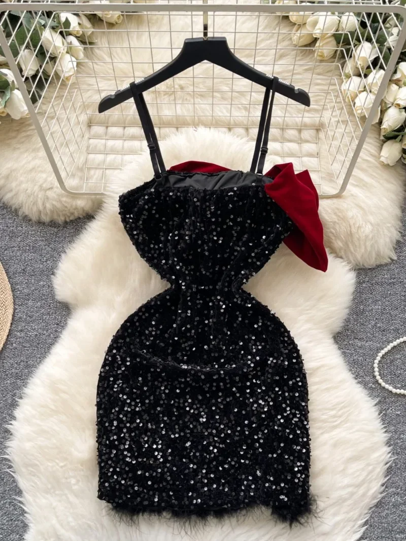 New Fashion Birthday Party Mini Dress Spring Women Design Bow Decorative Tight Waist Puffy Stitching Sequin Sling Dress Elegant