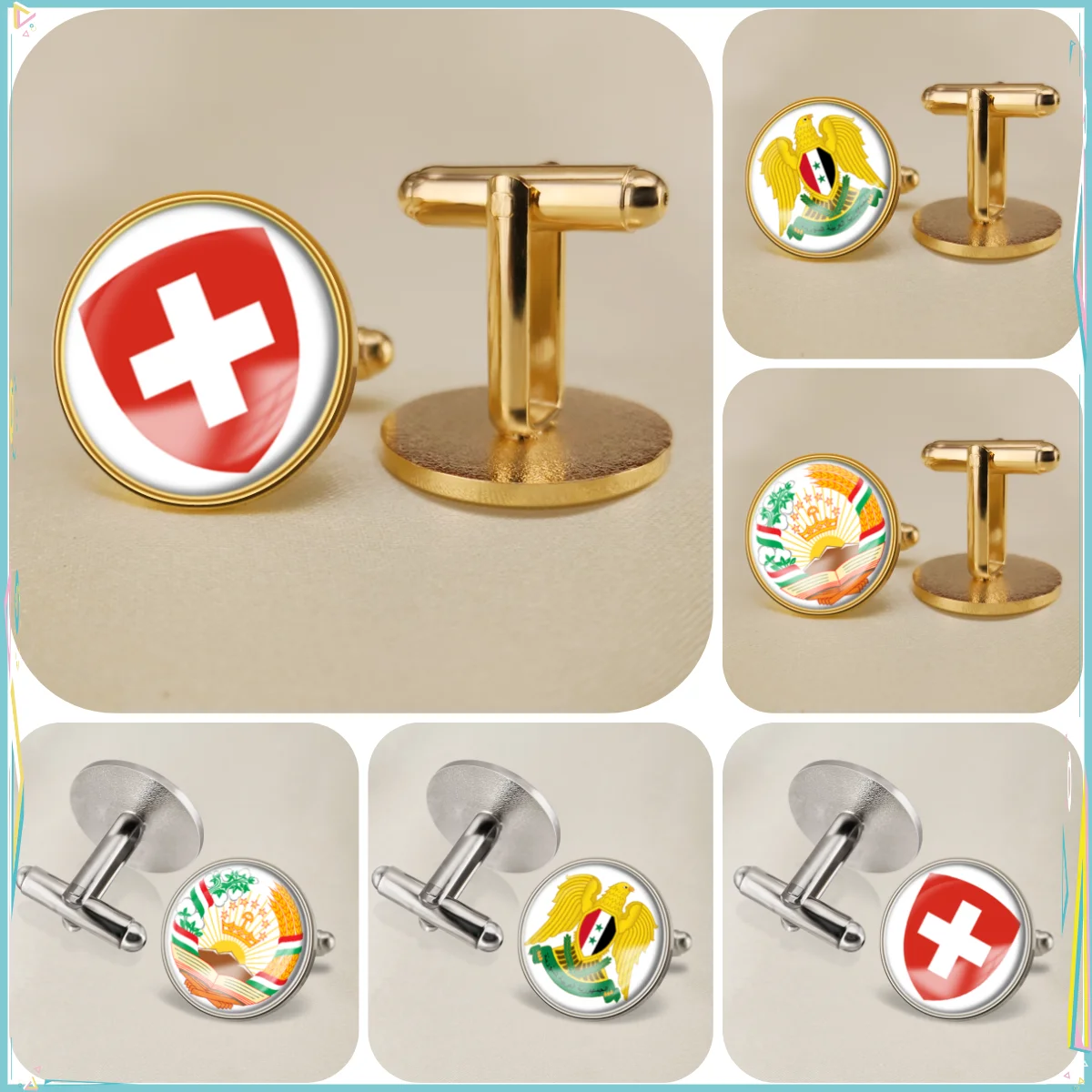 Switzerland Syrian Arab Republic Tajikistan National Emblem Flag Cufflinks