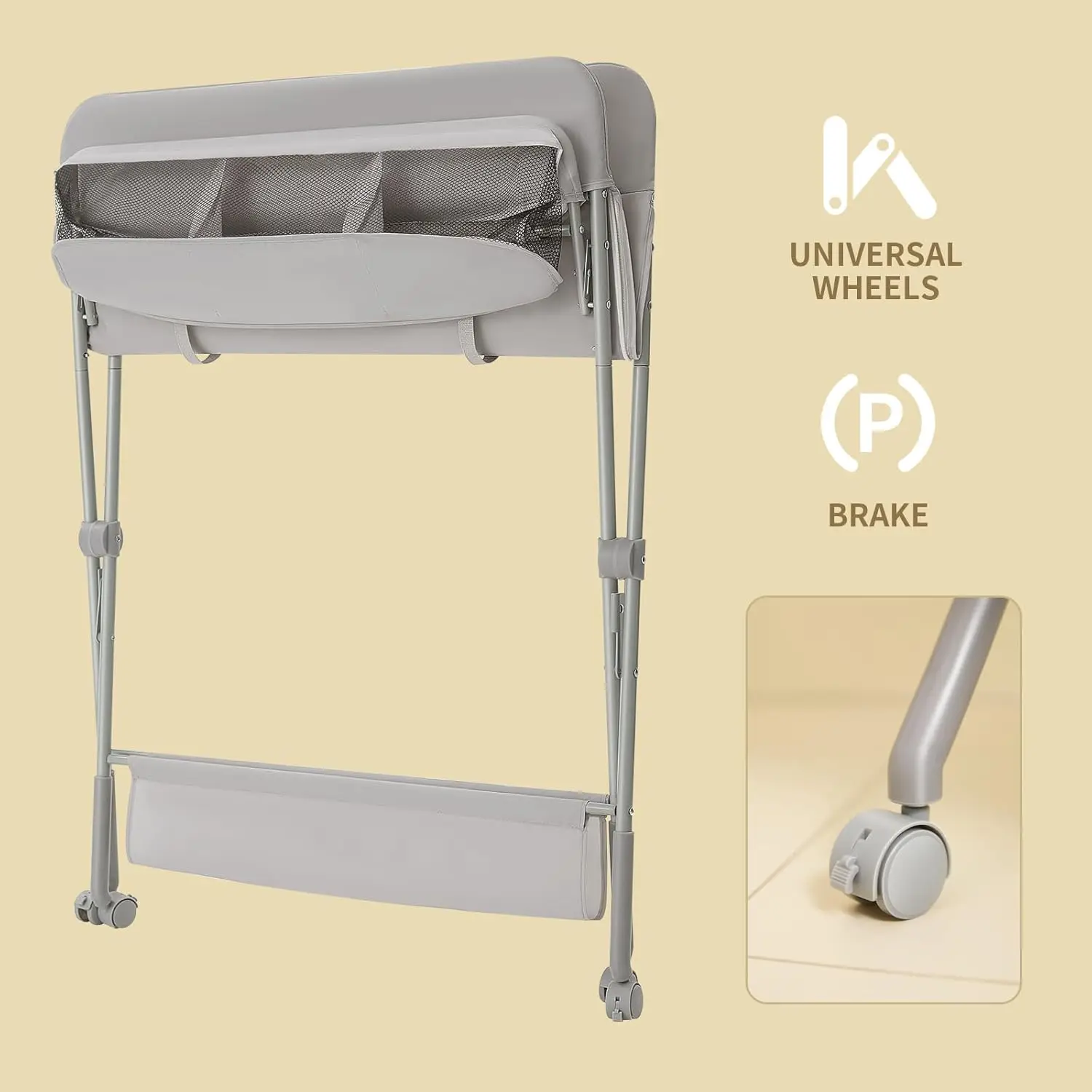 Portable Baby Changing Table with Wheels, 4-Level Height Adjustable Diaper Station & Storage Rack for Newborns (Light Grey)